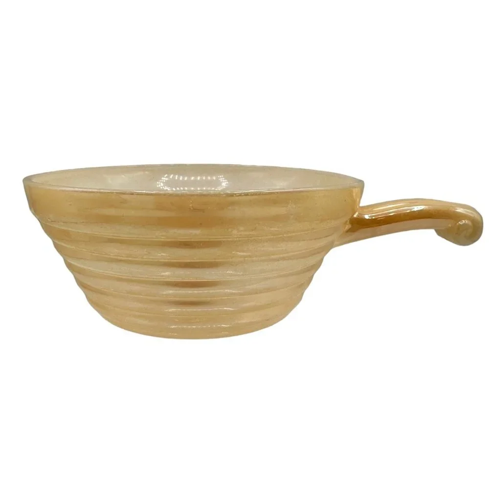 Fire King Oven Ware Ribbed Handled Soup Bowl Peach Luster Beehive Vintage